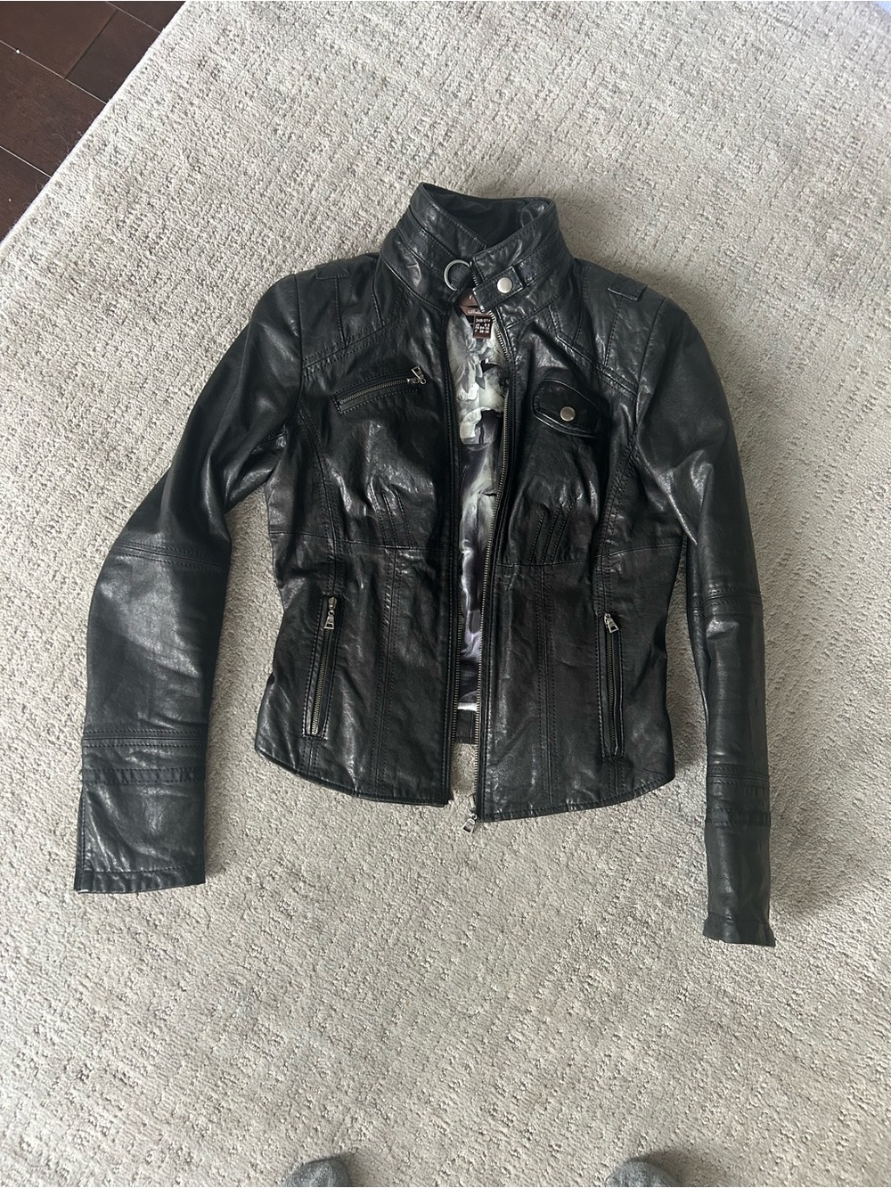 Danier Black Leather Moto Jacket with Stand Collar